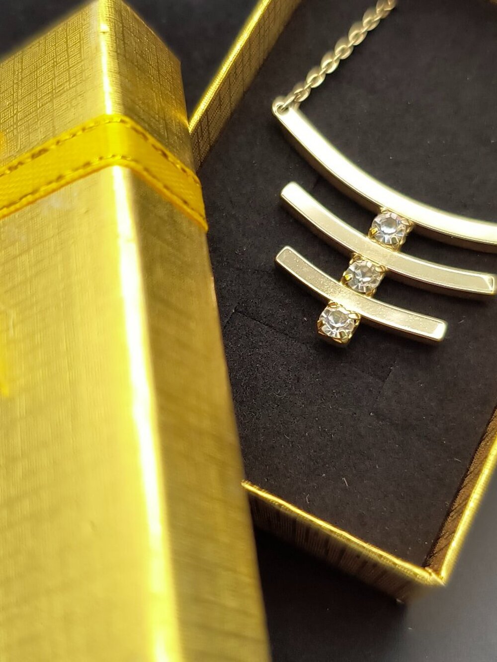 Vintage Sarah Coventry Gold‑Tone Rhinestone Bar Necklace • Classic Sparkle